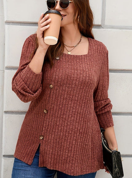 jkthpu-45 Elegant Plus Size Ribbed Square Neck Long Sleeve Top