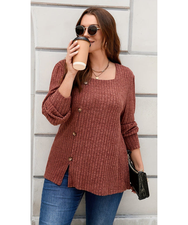 jkthpu-45 Elegant Plus Size Ribbed Square Neck Long Sleeve Top