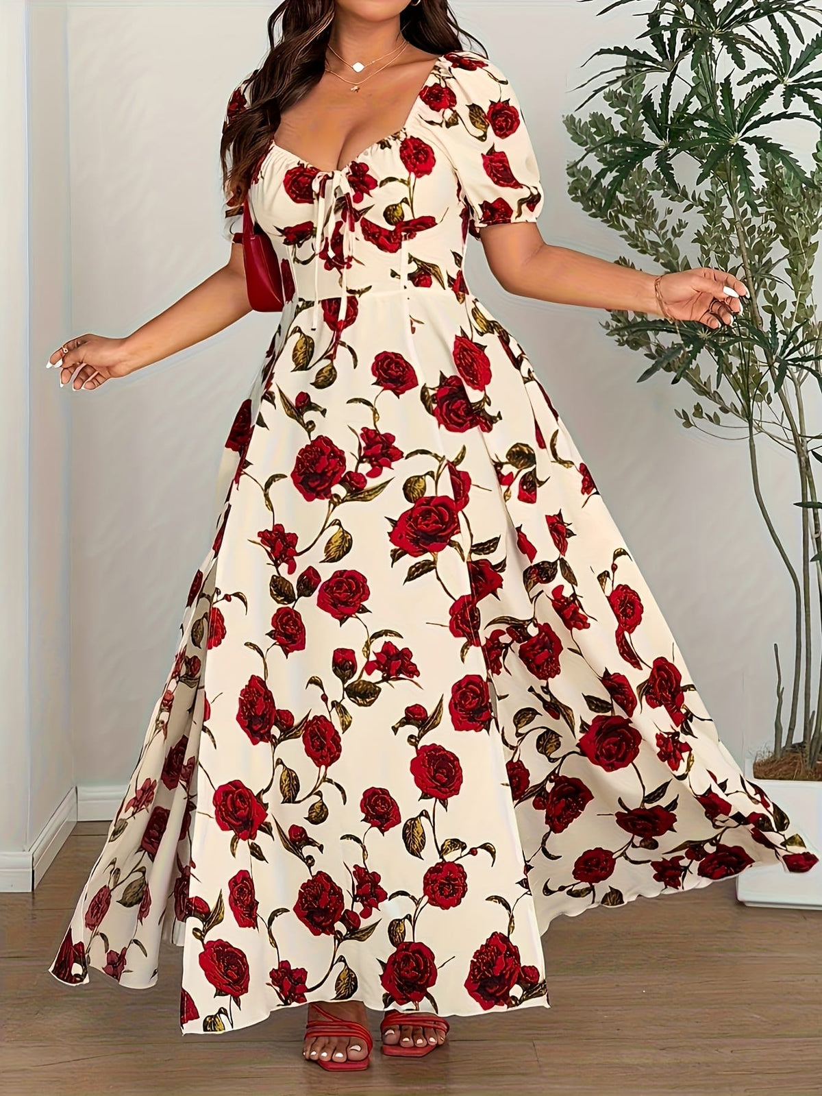 jkthpu-45 Elegant Plus Size Rose Print OffShoulder Summer Dress