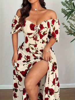 jkthpu-45 Elegant Plus Size Rose Print OffShoulder Summer Dress