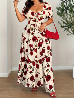 jkthpu-45 Elegant Plus Size Rose Print OffShoulder Summer Dress