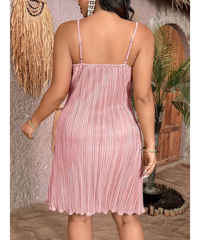 jkthpu-45 Elegant Plus Size Ruffled Sleeveless Midi Dress - Solid Color, Pleated Design, Spaghetti Straps, Flared Hem, Spring/Summer Collection, Polyester, White, Casual Elegance | Spaghetti Suspender Dress | Ruffled Pleated Dress