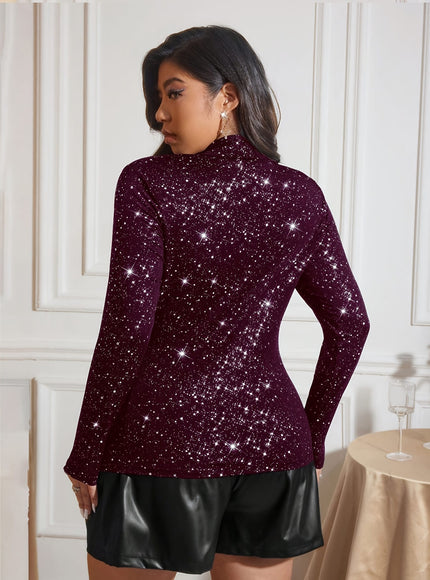 jkthpu-45 Elegant Plus Size Sequin Stand Collar Long Sleeve Purple Party Top
