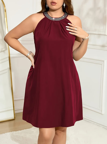 jkthpu-45 Elegant Plus Size Sleeveless Tunic Bridesmaid Dress, Polyester Blend, Crew Neck, Knee High, Non-Stretch, Solid Color, with Rhinestone Detail, for Spring/Summer - Casual Weekend Wear