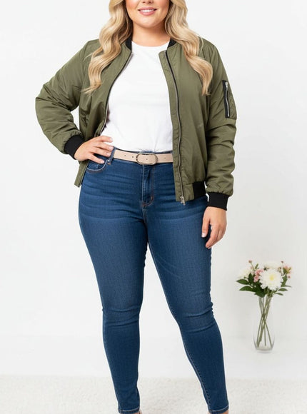 jkthpu-45 Elegant Plus Size Stand Collar Zipper Jacket