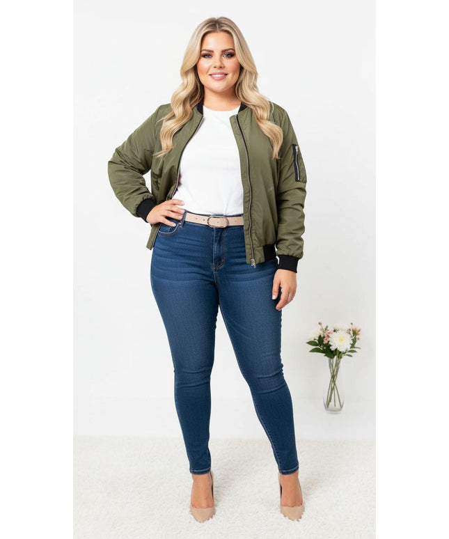 jkthpu-45 Elegant Plus Size Stand Collar Zipper Jacket