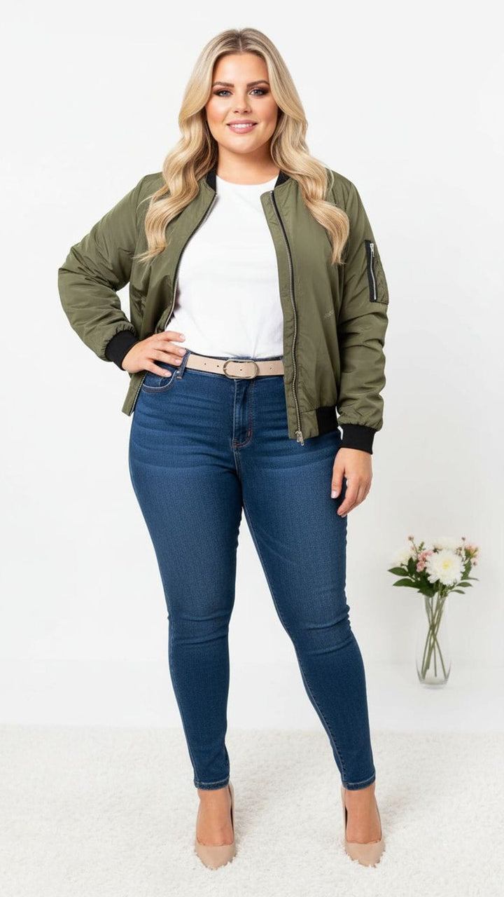 Elegant Plus Size Stand Collar Zipper Jacket