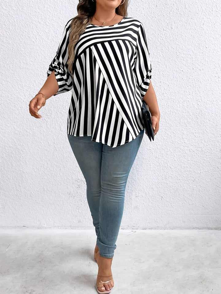 Elegant Plus Size Stripe Print Blouse - 100% Polyester Crew Neck Top, Oversized Non-Stretch Woven Shirt for All Seasons