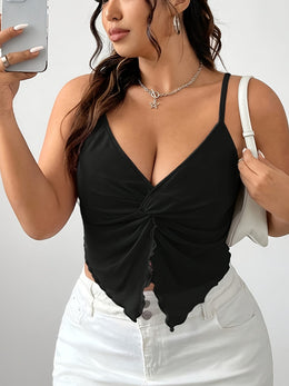 jkthpu-45 Elegant Plus Size Twist Front Cami  Black Low Neck