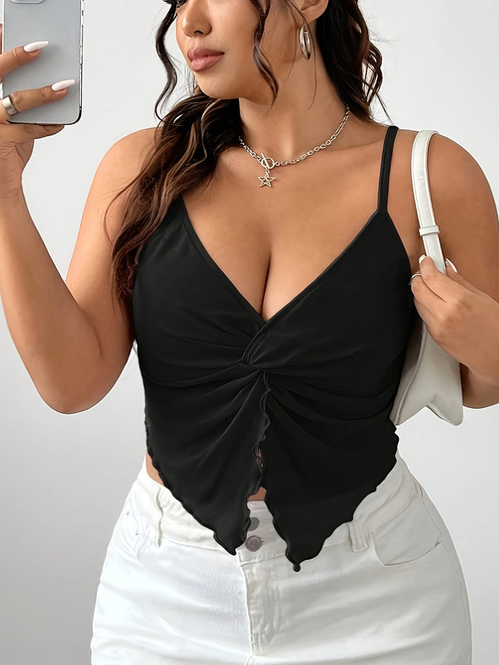 Elegant Plus Size Twist Front Cami  Black Low Neck