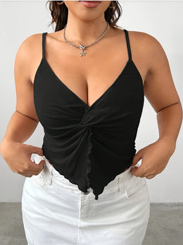 jkthpu-45 Elegant Plus Size Twist Front Cami  Black Low Neck