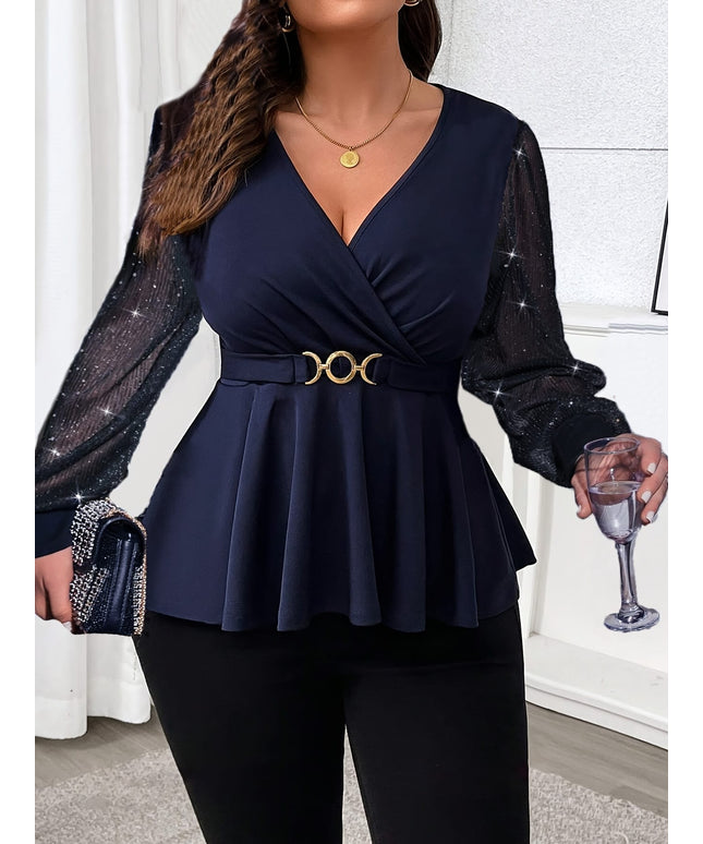 jkthpu-45 Elegant Plus Size VNeck Blouse Lantern Sleeves Versatile