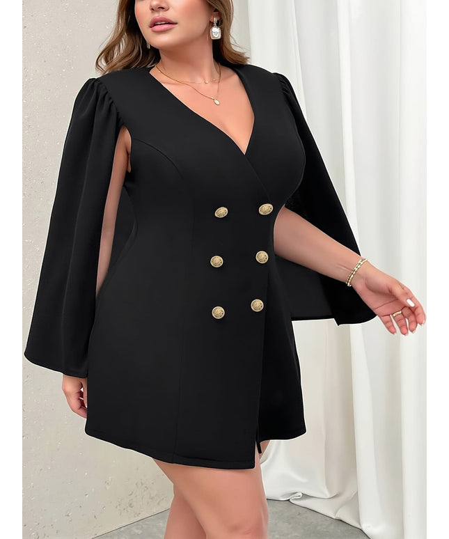 jkthpu-45 Elegant Plus Size VNeck Cape Sleeve Blazer Dress