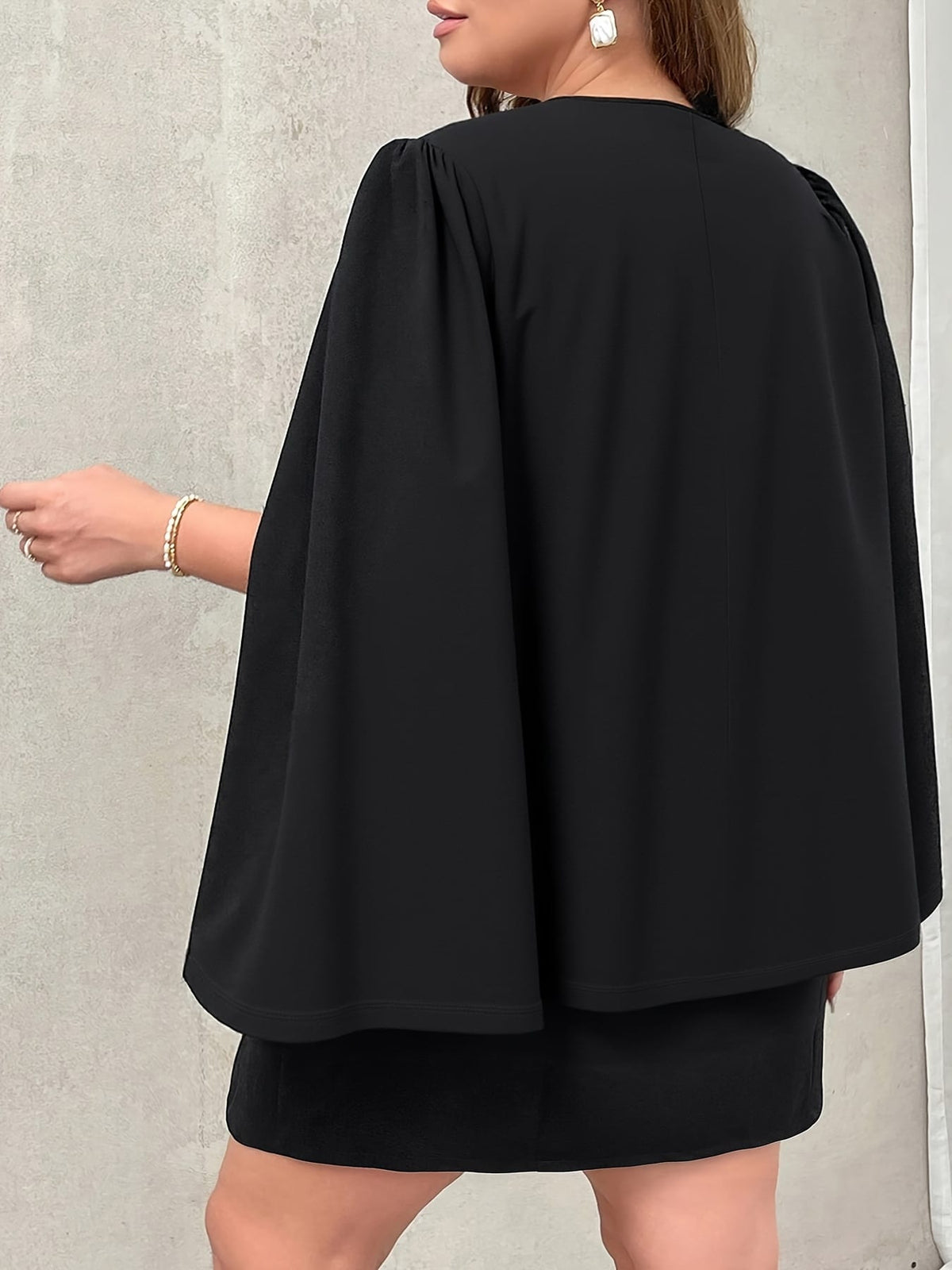 jkthpu-45 Elegant Plus Size VNeck Cape Sleeve Blazer Dress