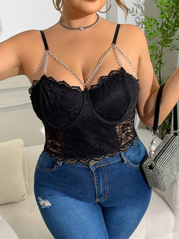jkthpu-45 Elegant Plus Size VNeck Lace Rhinestone Camisole Top