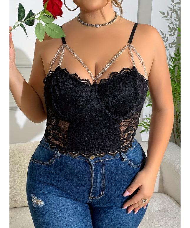 jkthpu-45 Elegant Plus Size VNeck Lace Rhinestone Camisole Top