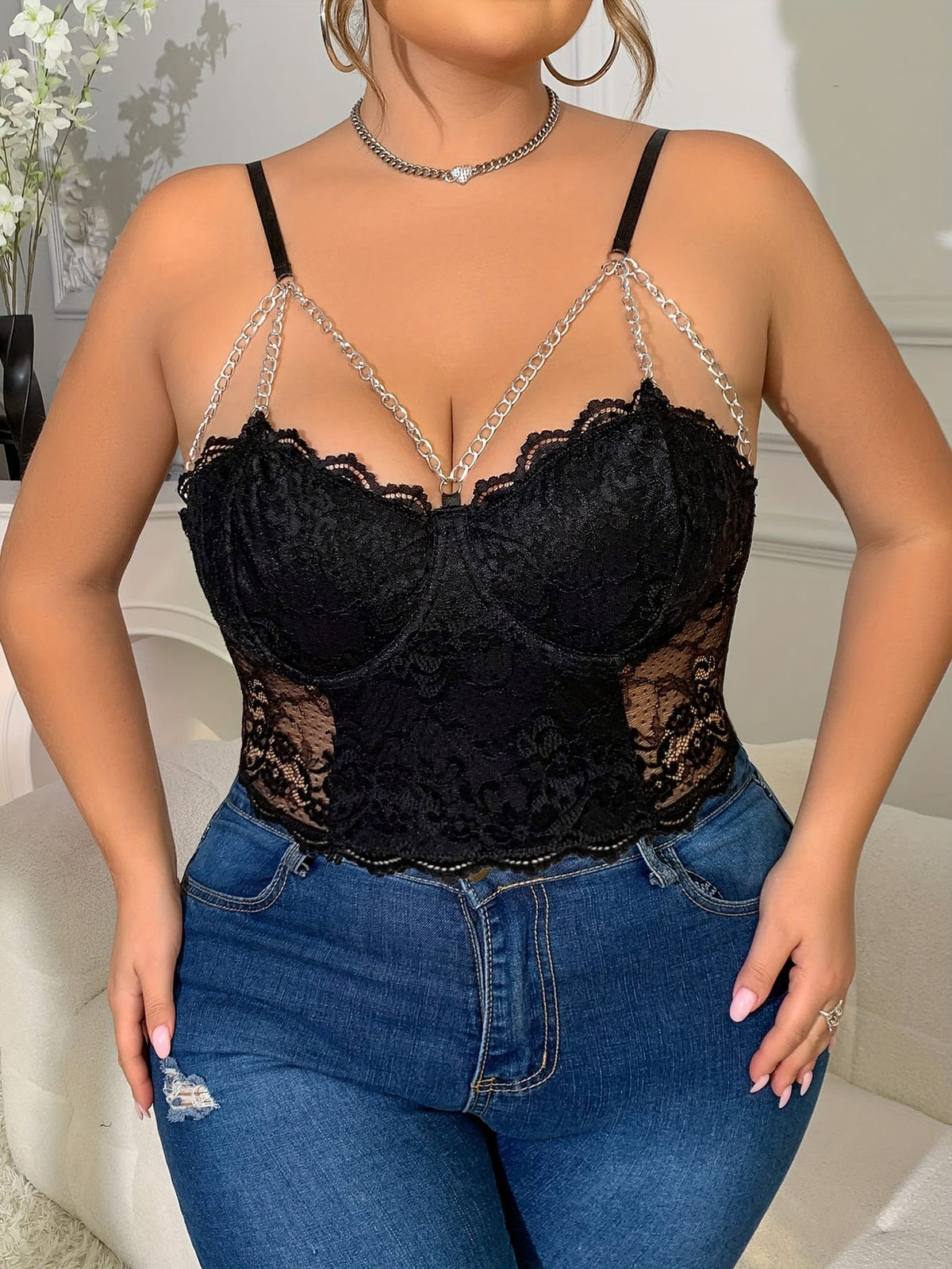 jkthpu-45 Elegant Plus Size VNeck Lace Rhinestone Camisole Top