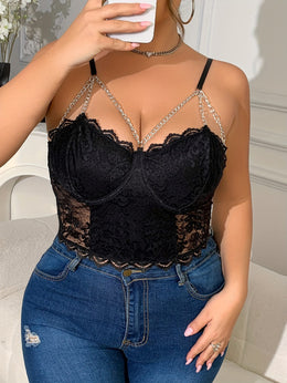 jkthpu-45 Elegant Plus Size VNeck Lace Rhinestone Camisole Top