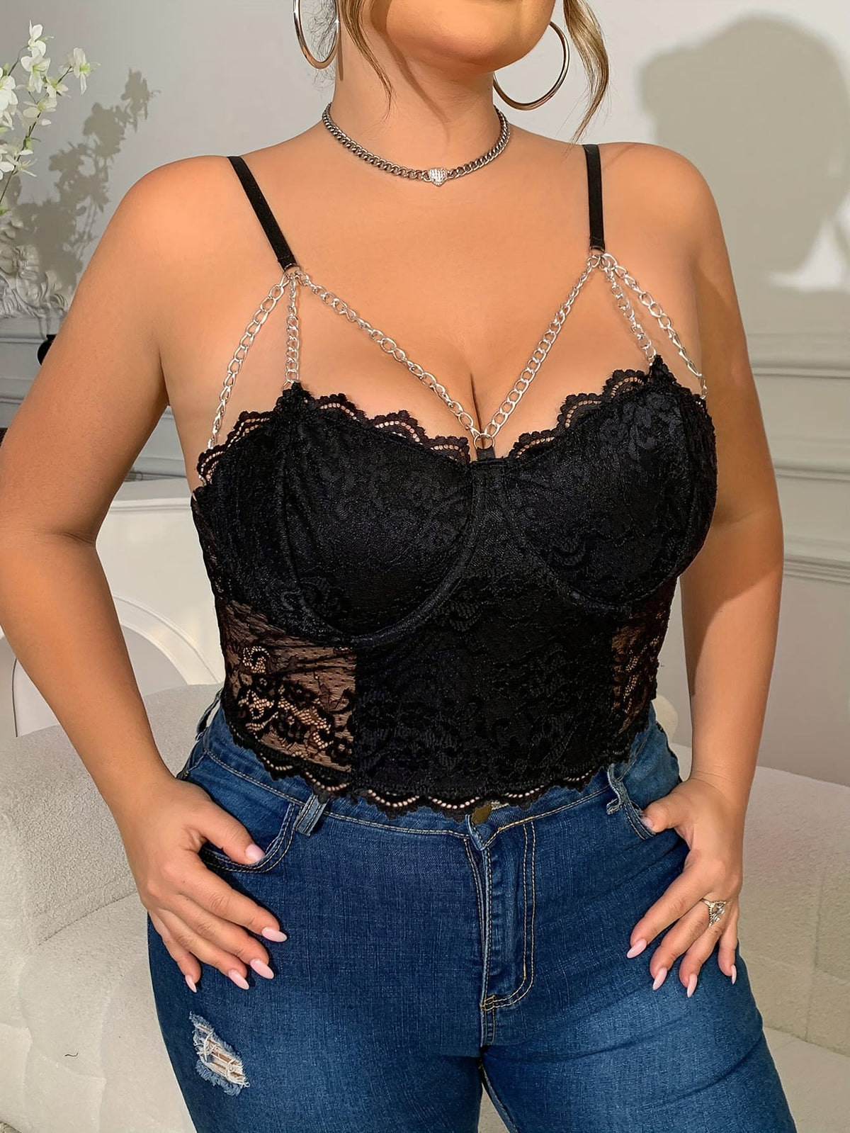jkthpu-45 Elegant Plus Size VNeck Lace Rhinestone Camisole Top