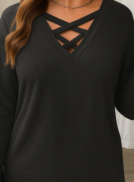 jkthpu-45 Elegant Plus Size VNeck Long Sleeve Tunic Top