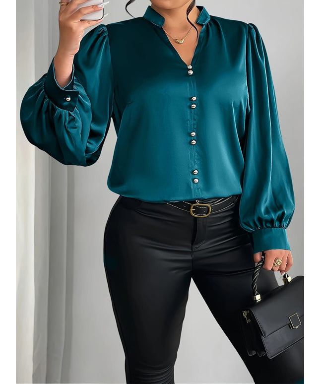 jkthpu-45 Elegant Plus Size VNeck Puff Sleeve Blouse with Gold Belt