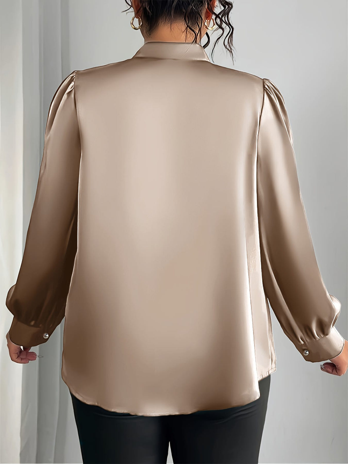 jkthpu-45 Elegant Plus Size VNeck Puff Sleeve Blouse with Gold Belt