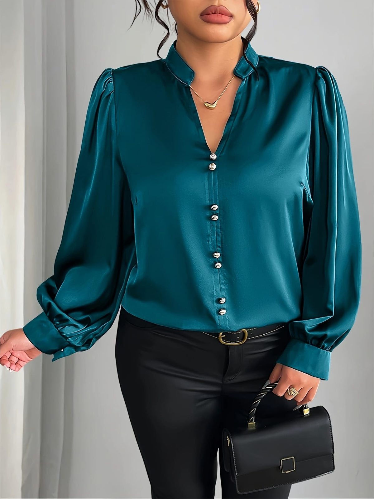 jkthpu-45 Elegant Plus Size VNeck Puff Sleeve Blouse with Gold Belt