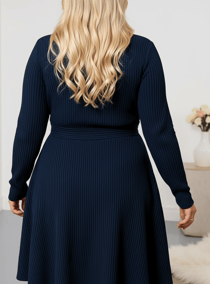 jkthpu-45 Elegant Plus Size VNeck Stretch FallWinter Dress