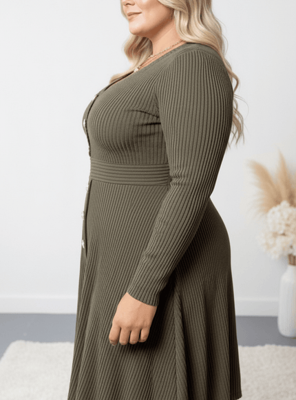 jkthpu-45 Elegant Plus Size VNeck Stretch FallWinter Dress