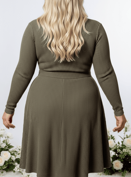 jkthpu-45 Elegant Plus Size VNeck Stretch FallWinter Dress