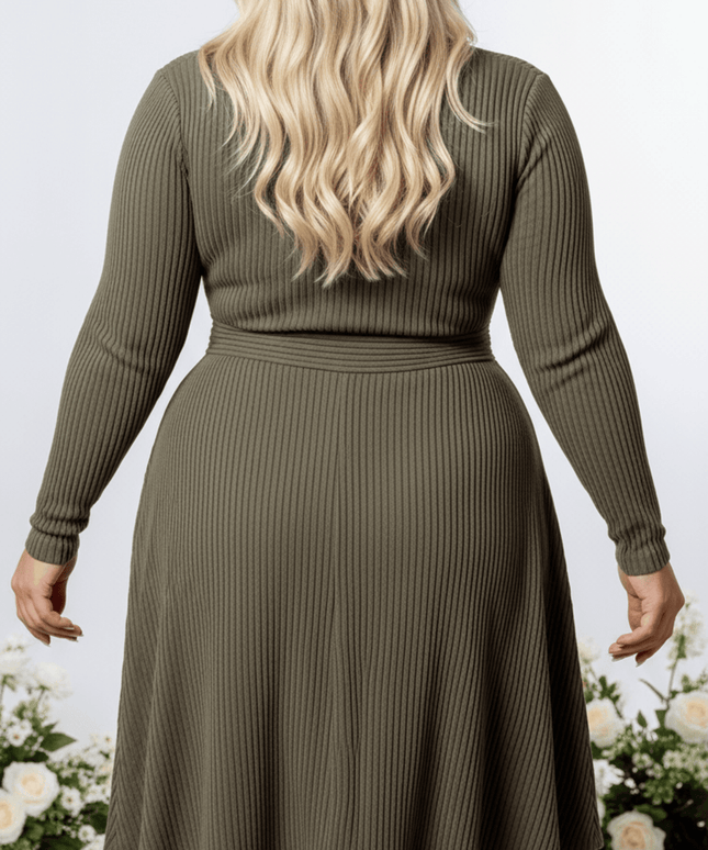 jkthpu-45 Elegant Plus Size VNeck Stretch FallWinter Dress
