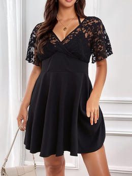 jkthpu-45 Elegant Plus Size Women's Black Dress with V-Neck and Lace Detailing – Sleeveless A-Line Mini Dress for Spring & Summer