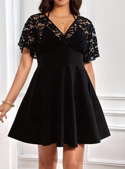 jkthpu-45 Elegant Plus Size Women's Black Dress with V-Neck and Lace Detailing – Sleeveless A-Line Mini Dress for Spring & Summer