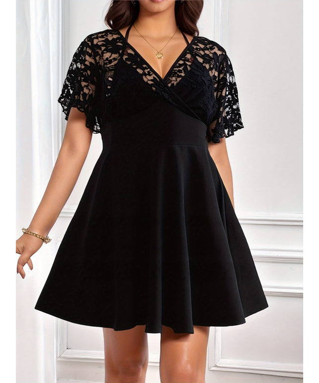 jkthpu-45 Elegant Plus Size Women's Black Dress with V-Neck and Lace Detailing – Sleeveless A-Line Mini Dress for Spring & Summer