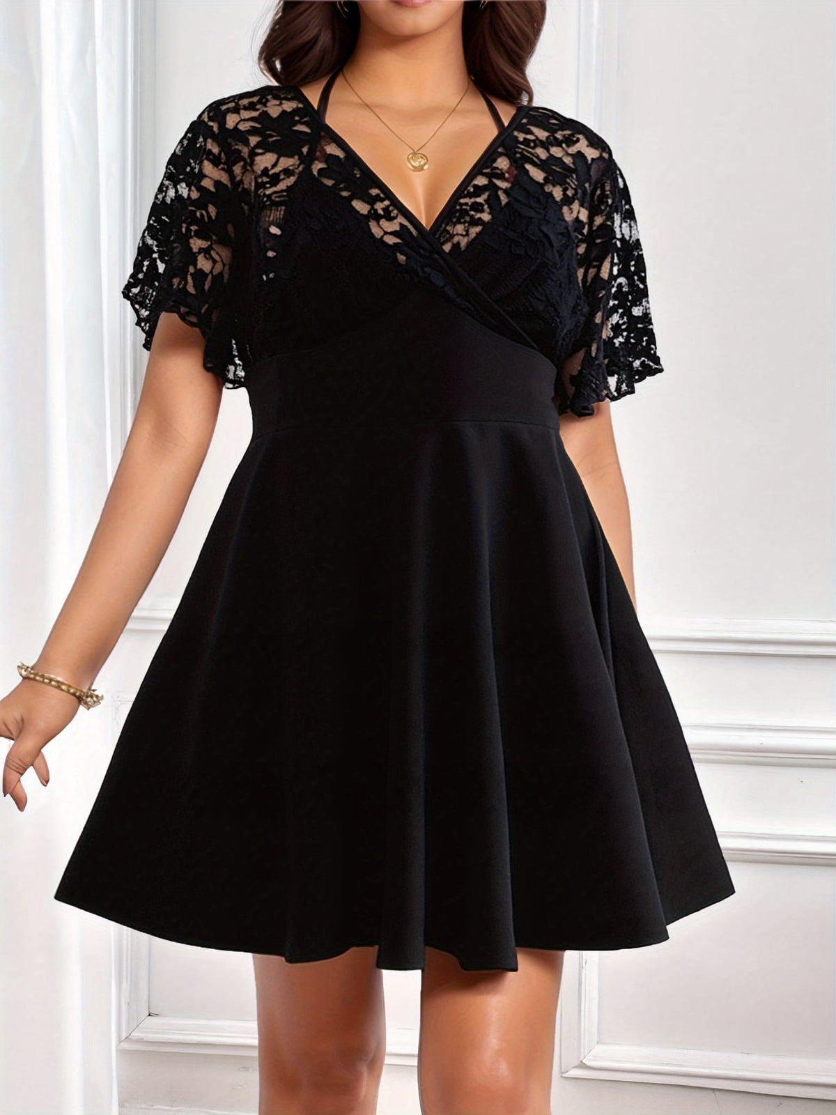 jkthpu-45 Elegant Plus Size Women's Black Dress with V-Neck and Lace Detailing – Sleeveless A-Line Mini Dress for Spring & Summer