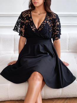 jkthpu-45 Elegant Plus Size Women's Black Dress with V-Neck and Lace Detailing – Sleeveless A-Line Mini Dress for Spring & Summer