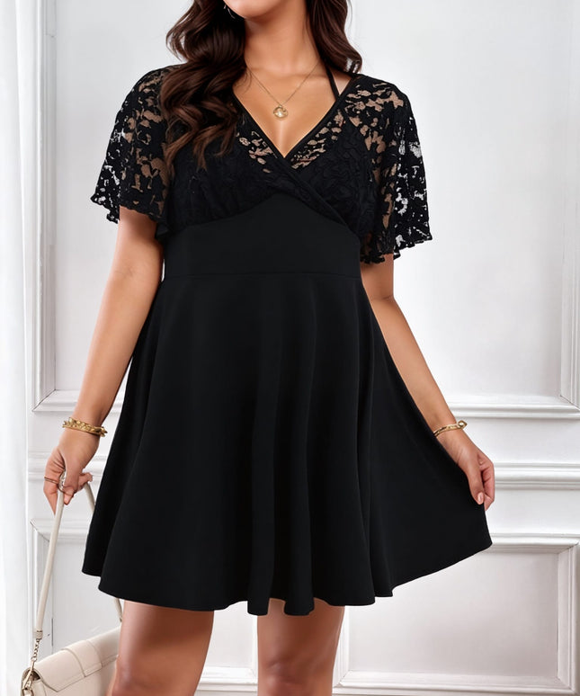 jkthpu-45 Elegant Plus Size Women's Black Dress with V-Neck and Lace Detailing – Sleeveless A-Line Mini Dress for Spring & Summer