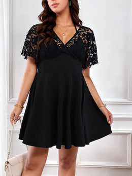jkthpu-45 Elegant Plus Size Women's Black Dress with V-Neck and Lace Detailing – Sleeveless A-Line Mini Dress for Spring & Summer