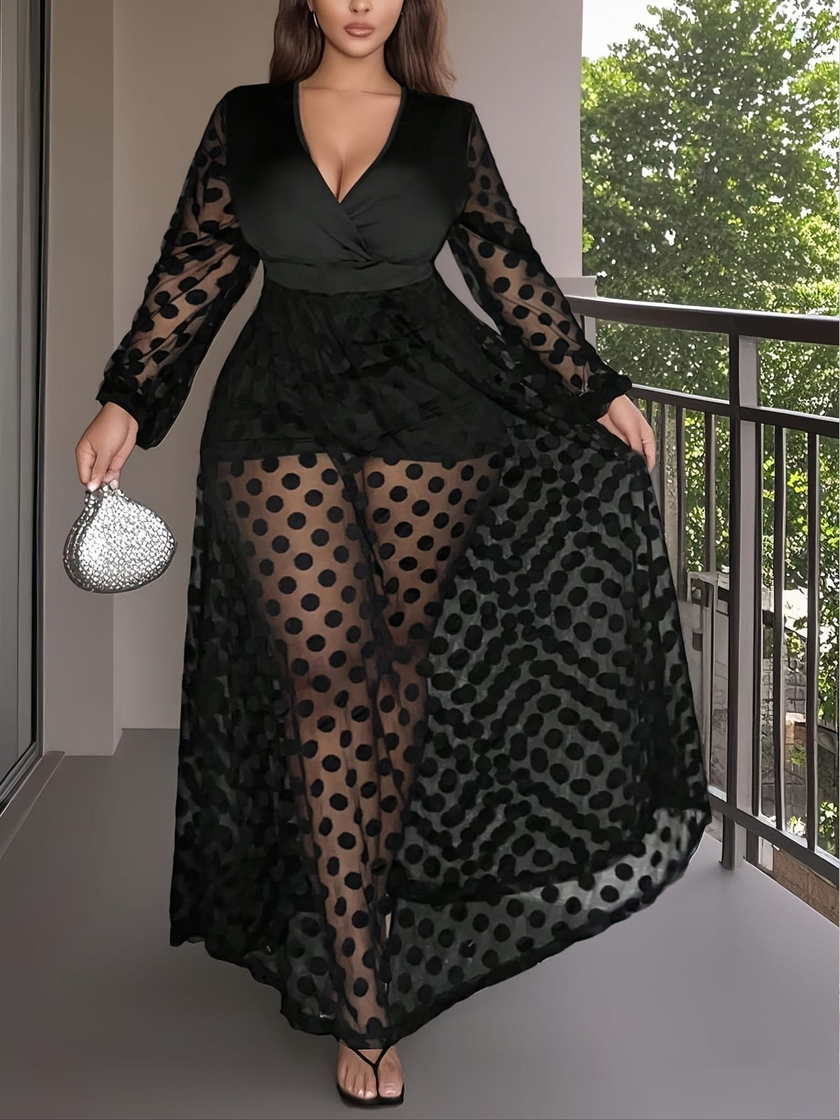 jkthpu-45 Elegant Plus Size Women'S Party Dress | V-Neck with Lace Detail | Sheer Mesh Long Sleeve | High-Low Hemline | Stretchy Polyester-Spandex Blend | All-Season Wear | Black with White Polka Dot Pattern, Tulle Dres