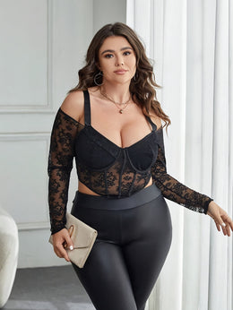 jkthpu-45 Elegant Plus Size Women'S Top - V-Neck, High Stretch, Black with Intricate Floral Lace Detailing, All-Season Fashion, Plus Size Blouses