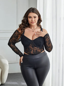 jkthpu-45 Elegant Plus Size Women'S Top - V-Neck, High Stretch, Black with Intricate Floral Lace Detailing, All-Season Fashion, Plus Size Blouses
