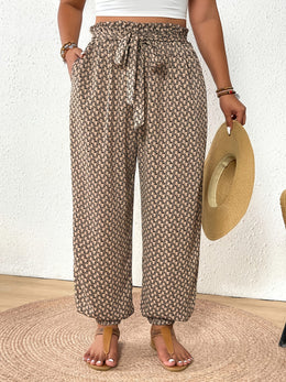 jkthpu-45 Elegant PlusSize Grid Print Drawstring Casual Trousers