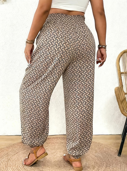 jkthpu-45 Elegant PlusSize Grid Print Drawstring Casual Trousers