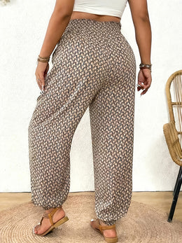 jkthpu-45 Elegant PlusSize Grid Print Drawstring Casual Trousers