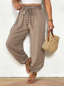 jkthpu-45 Elegant PlusSize Grid Print Drawstring Casual Trousers