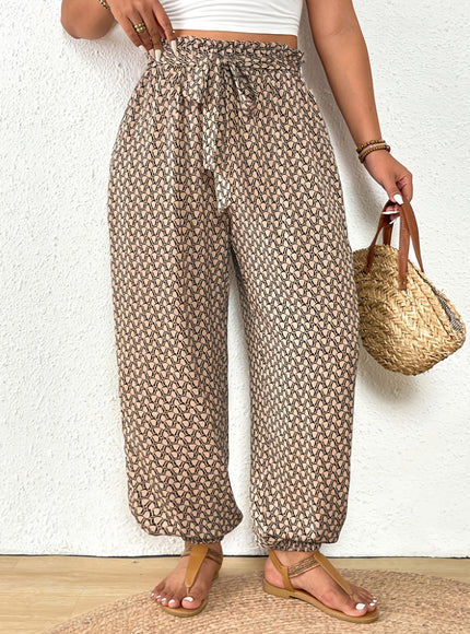 jkthpu-45 Elegant PlusSize Grid Print Drawstring Casual Trousers