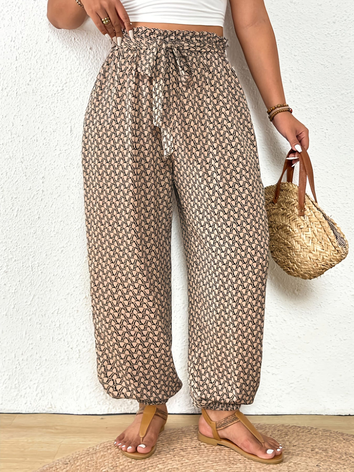 jkthpu-45 Elegant PlusSize Grid Print Drawstring Casual Trousers