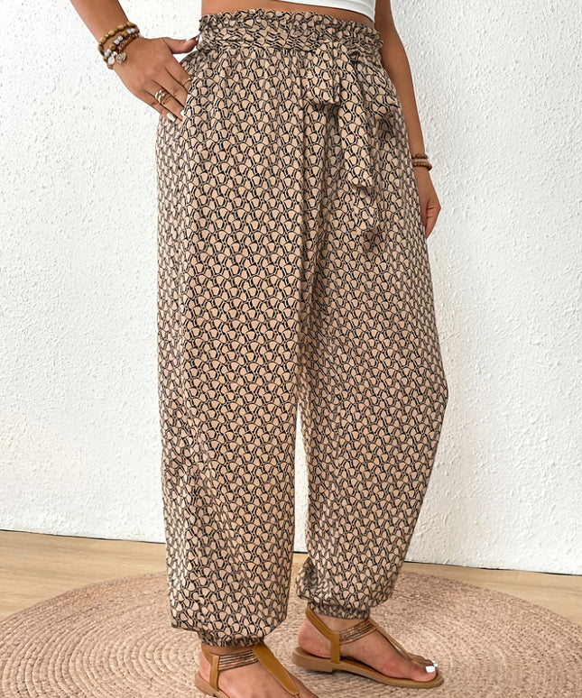 jkthpu-45 Elegant PlusSize Grid Print Drawstring Casual Trousers