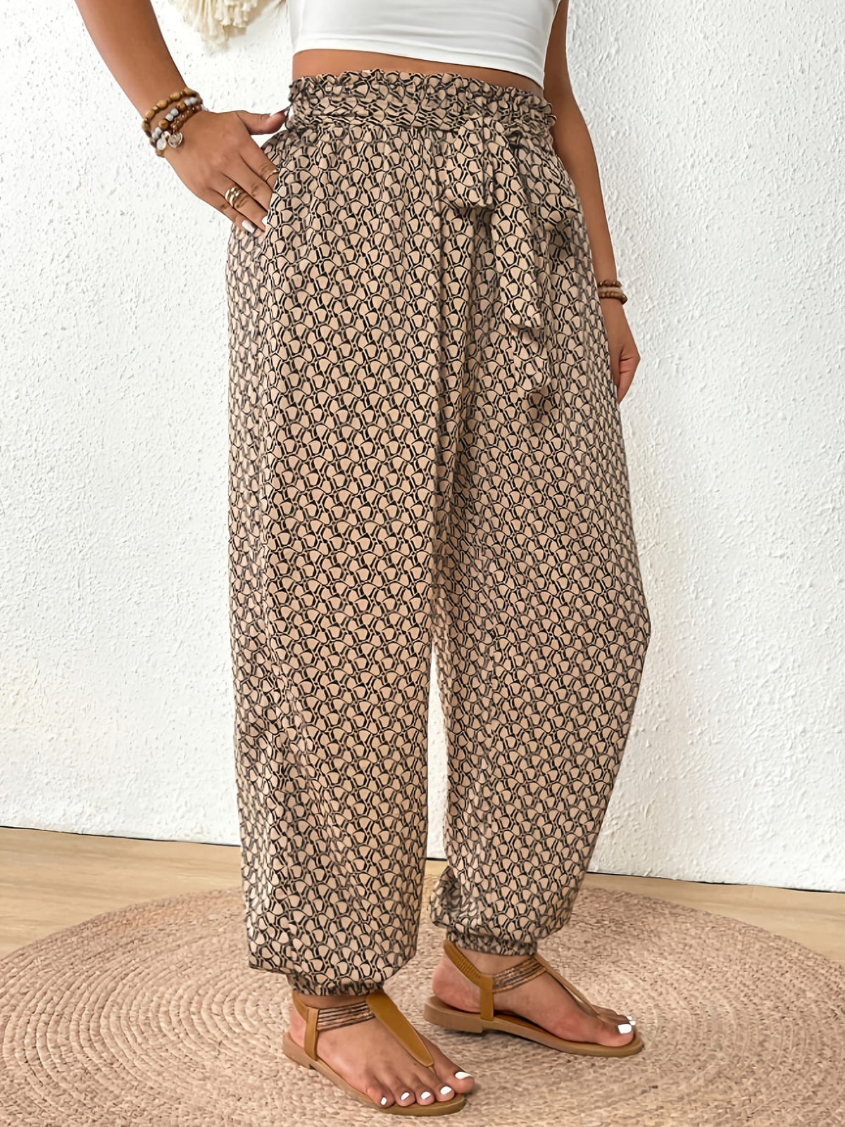 jkthpu-45 Elegant PlusSize Grid Print Drawstring Casual Trousers