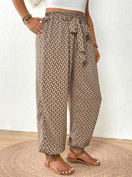 jkthpu-45 Elegant PlusSize Grid Print Drawstring Casual Trousers